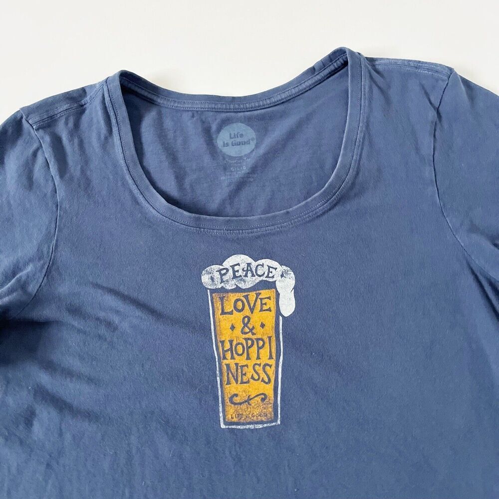 Life Is Good Peace Love & Hoppiness Beer Crusher Tee Shirt Top Blue L Large - Picture 3 of 10